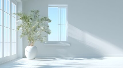 Indoor Plant in White Room with Sunlight Streaming Through Windows