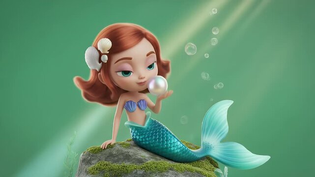 Charming Cartoon Mermaid Gazing a Pearl with Auburn Hair Glittery Turquoise Tail Seated on a Mossy Rock with Bubbles Front View in 3D Render on Green Background