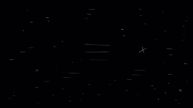 Retro white lines and symbols flicker like a draft film reel. Hand-drawn visual layer with geometric data and marks. Alpha 4K overlay for nostalgic edits.