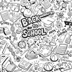 Black and White Hand-Drawn Education Doodle Illustration with Science, Math, and School Symbols