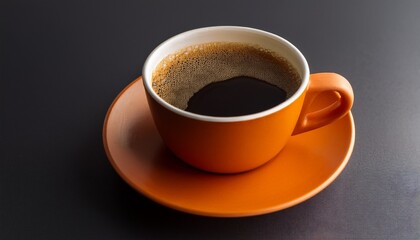hot black coffee in an unmarked orange cup made of kraft cardboard on a dark smooth tabletop