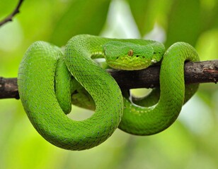 Obraz premium Large-eyed Pit Viper or Trimeresurus macrops, beautiful green snake coiling resting on tree branch with green background 