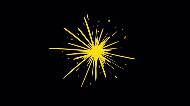 Burning fuse or sparkler lights up black screen. Hand-drawn cartoon animation of fire burst with rays in 4K with alpha for celebratory scenes.