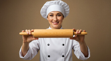 Happy female chef holding rolling pin ready to bake
