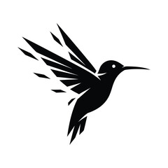 Stylized black hummingbird in flight, wings fragmented, minimalist design.