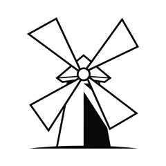 Simple line drawing of a classic windmill, showcasing its blades and structure against a white background.