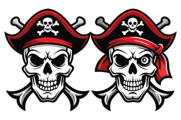 Fototapeta premium Two Pirate Skull Icons with Hat and Crossbones on a White Background