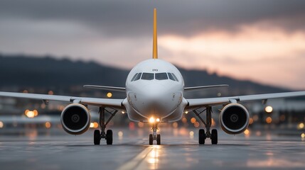 Naklejka premium Ready for departure, Airplane prepares for takeoff on airport runway, front view, horizontal wallpaper Ready for departure, Airplane prepares for takeoff on airport runway, front view, horizontal wal