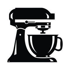 Black and white graphic of a stand mixer with a bowl, side view, isolated.