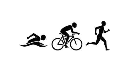 Silhouettes of a Swimmer, Cyclist, and Runner Displaying Athletic Movements Isolated on White Background