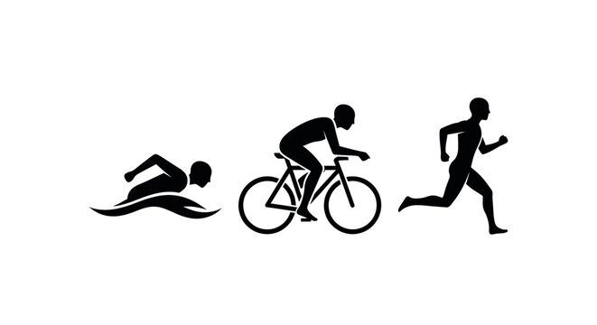 Silhouettes of a Swimmer, Cyclist, and Runner Displaying Athletic Movements Isolated on White Background