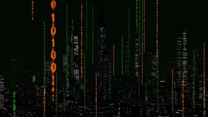 Dark cityscape with binary code overlay, featuring city skyline and digital matrix concept. - Powered by Adobe