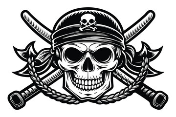 Fototapeta premium Pirate Skull with Crossed Swords and Bandana in Black and White