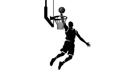 Silhouetted Basketball Player Making A Slam Dunk Isolated On White Background