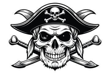 Fototapeta premium Black and White Pirate Skull with Hat and Crossed Bones Illustration