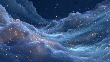 Fantasy cloudscape with glowing stars and dreamy blue cosmic light.