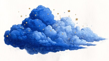 Blue fluffy clouds with golden stars on textured white background.