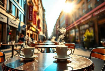 Steaming coffee cups on cafe tables, bathed in warm sunlight on a city street,  shadows,  graphic