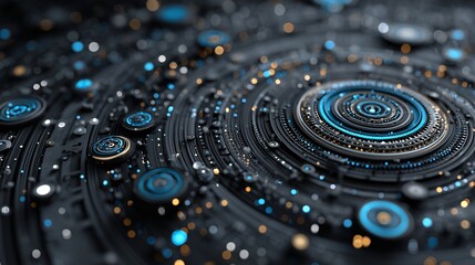 Futuristic circular interface with blue and orange glowing dots on dark background.