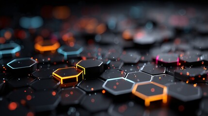 Dark hexagon grid with glowing colorful edges and luminous lights.
