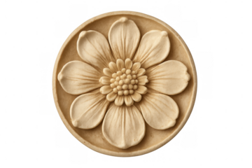 Intricately carved wooden floral ornament featuring delicate details against clean white background, highlighting craftsmanship and decorative potential