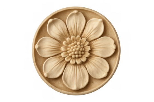 Intricately carved wooden floral ornament featuring delicate details against clean white background, highlighting craftsmanship and decorative potential