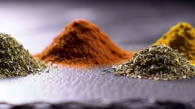 Eye Level Close Up of Piles of Vibrant Spice such as Turmeric Paprika Oregano Cumin on Dark Gray Tabletop Perfect for Culinary Contents