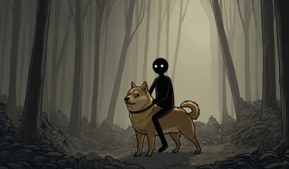 Shadow Rider's Journey: A shadowy figure guides a Shiba Inu dog through an eerie, atmospheric forest path, creating a sense of mystery and adventure in an illustrated landscape.