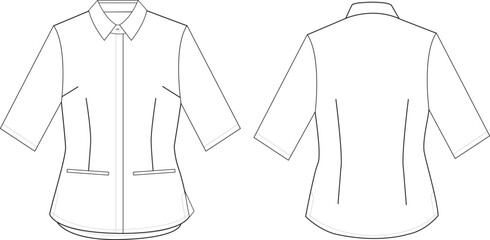 Women's Shirt Front and Back Illustration, 3/4 Sleeve Shirt with Pockets and Button-Up