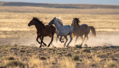 Wild Horses Running In Desert Landscape