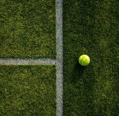 Tennis Ball and Court Detail: An overhead view of a vibrant tennis ball rests perfectly on a textured, green court, accented by a crisp, white line that guides the viewer's eye.