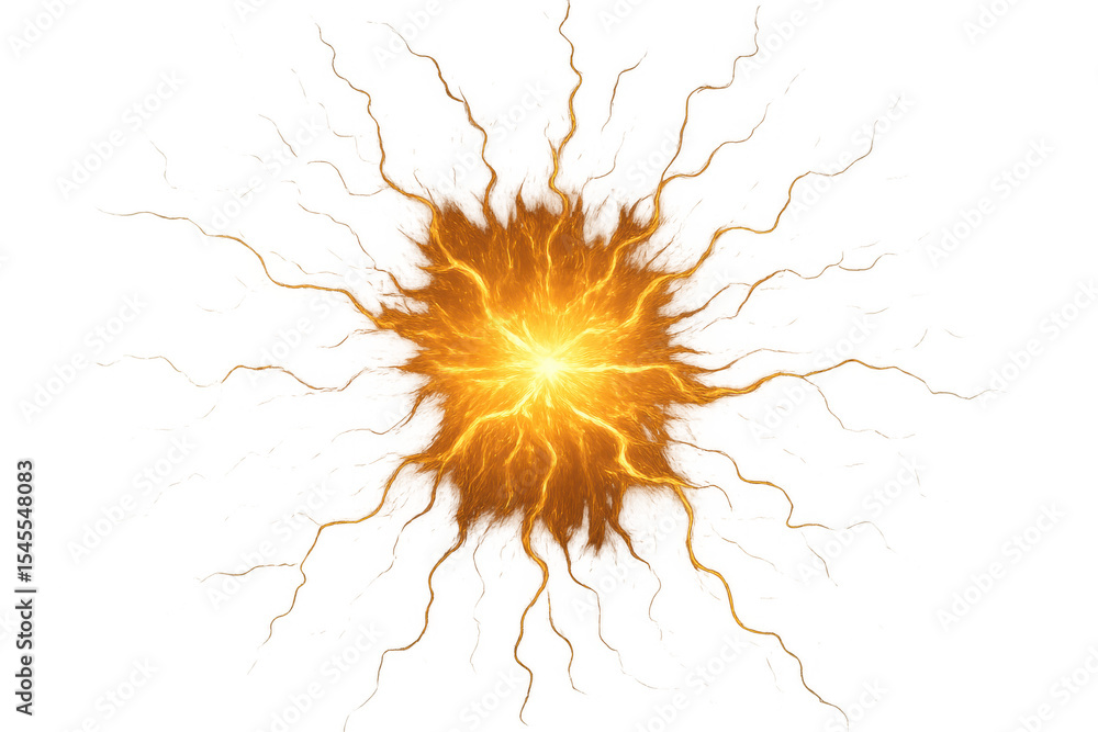 Poster powerful energy ball exploding with bright orange light on a transparent background, perfect for vis