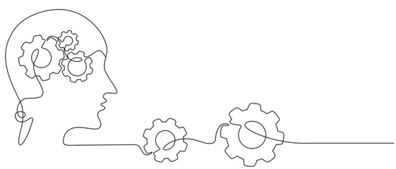 continuous line of human head with light bulb and gears as line drawing on white background for logo symbol and others. Vector