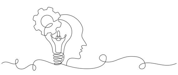 continuous line of human head with light bulb and gears as line drawing on white background for logo symbol and others. Vector
