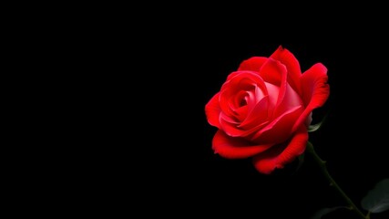 A single red rose blooms elegantly against a stark black background showcasing its vibrant petals and delicate stem.