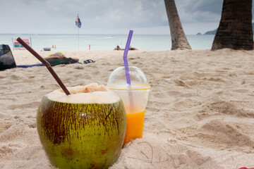 Vacation in Thailand. Sea, beach, tropical fruits and drinks.