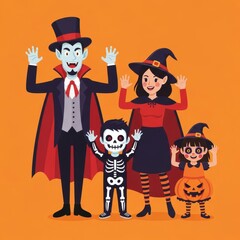 A Fun Filled Family Halloween Night Featuring a Vampire Skeleton Witch and Pumpkin