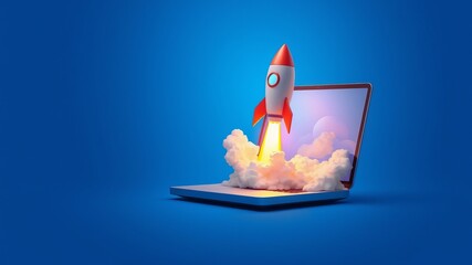 A red and white rocket ship blasts off from a laptop computer screen symbolizing a successful business launch and fast growth.