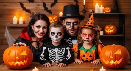 A Happy Family Dressed Up for Halloween Celebrating Together with Pumpkins and Glowing Candles a Spooky Night