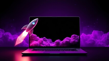 A futuristic rocket ship launches from a laptop screen amidst vibrant purple clouds symbolizing a fast technological breakthrough and innovation.
