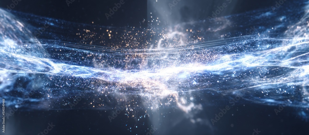 Poster a luminous abstract rendering featuring blue and white ethereal waves with sparkling light effects