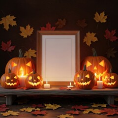 Obraz premium Halloween Still Life with Carved Pumpkins Candles and Empty Frame for Mock Up On Wooden Surface And Dark Background