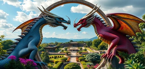 Two majestic dragons face off in a circular frame, overlooking a tranquil garden ,  majestic,  standoff