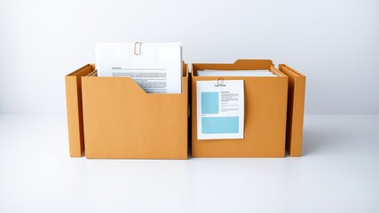 Two orange file boxes neatly organized on a white surface hold important documents and papers ready for efficient office work.