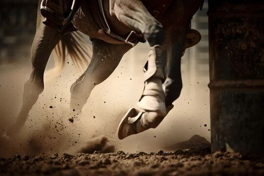 A dramatic closeup of a cowboy boot in a stirrup during a rodeo ride, dust and motion captured sharply.