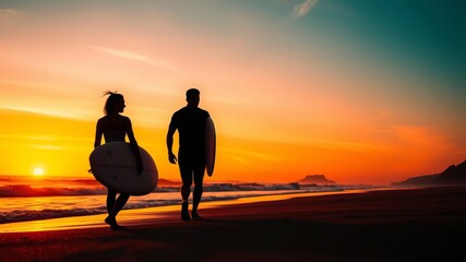 Silhouetted couple walks along a beach at sunset carrying surfboards after a day of surfing in the ocean.