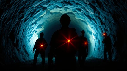 A team of explorers with headlamps navigate a breathtaking icy blue glacier cave du an expedition.