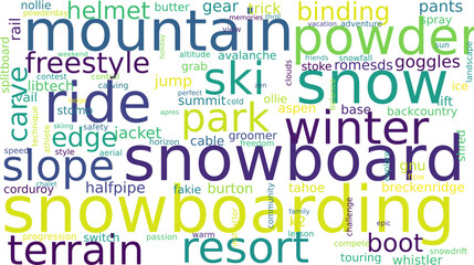 Vibrant word cloud visualizing various terms related to snowboarding, skiing, and winter sports in a creative layout