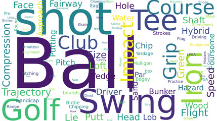 A visually engaging word cloud that features popular golf-related terms like ball, tee, swing, and club.