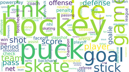 Creative word cloud made up of terms from ice hockey including puck, goal, rink, and player in a sporty layout.